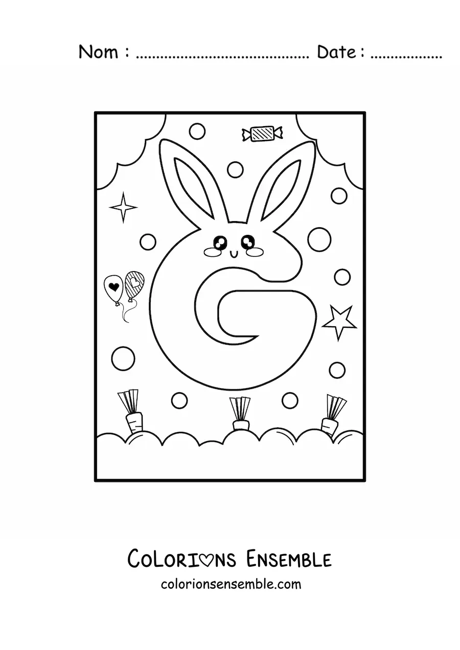 Image à colorier de la lettre G en forme de lapin kawaii animé