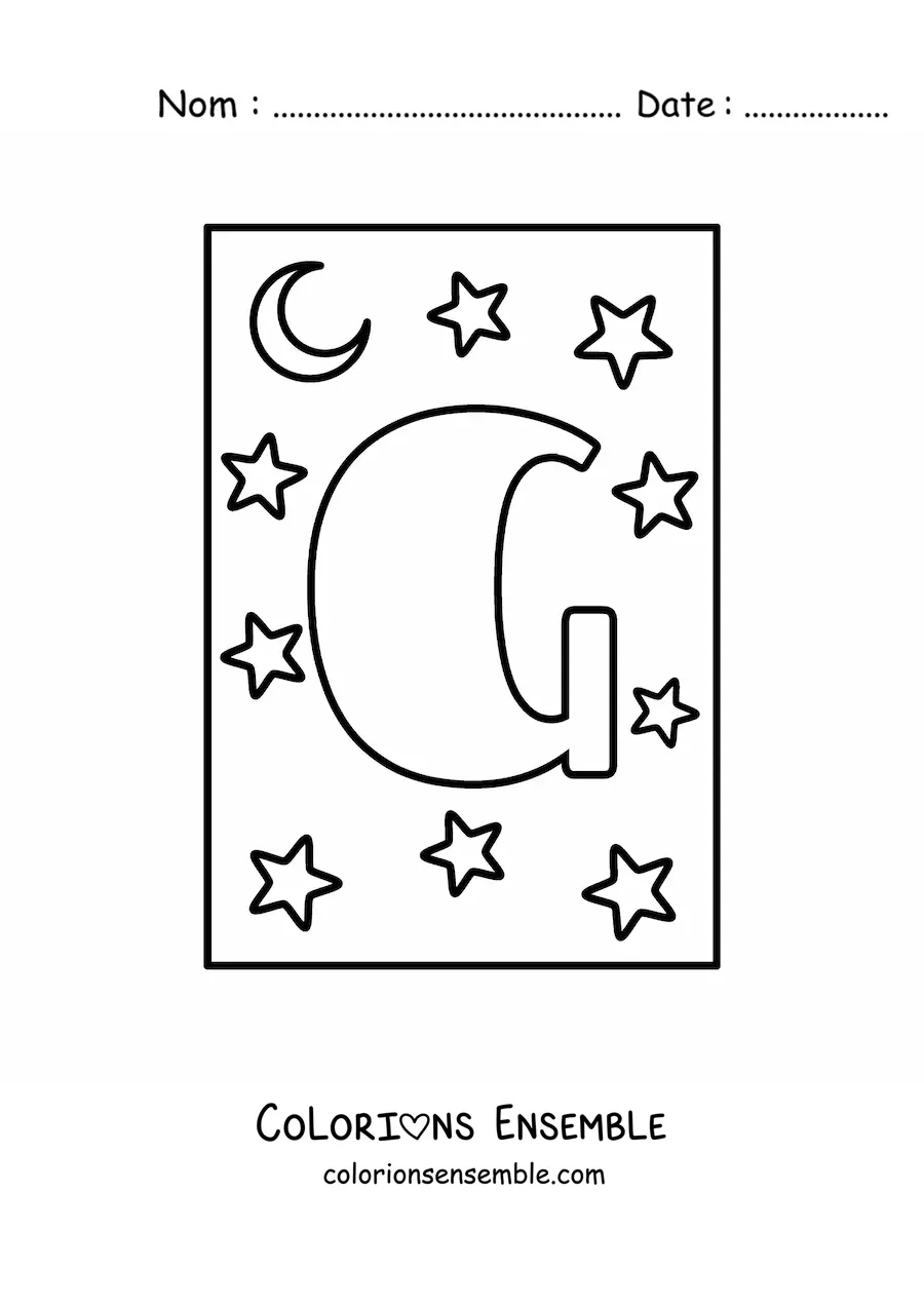 Image à colorier d'une lettre G majuscule avec des étoiles et une lune