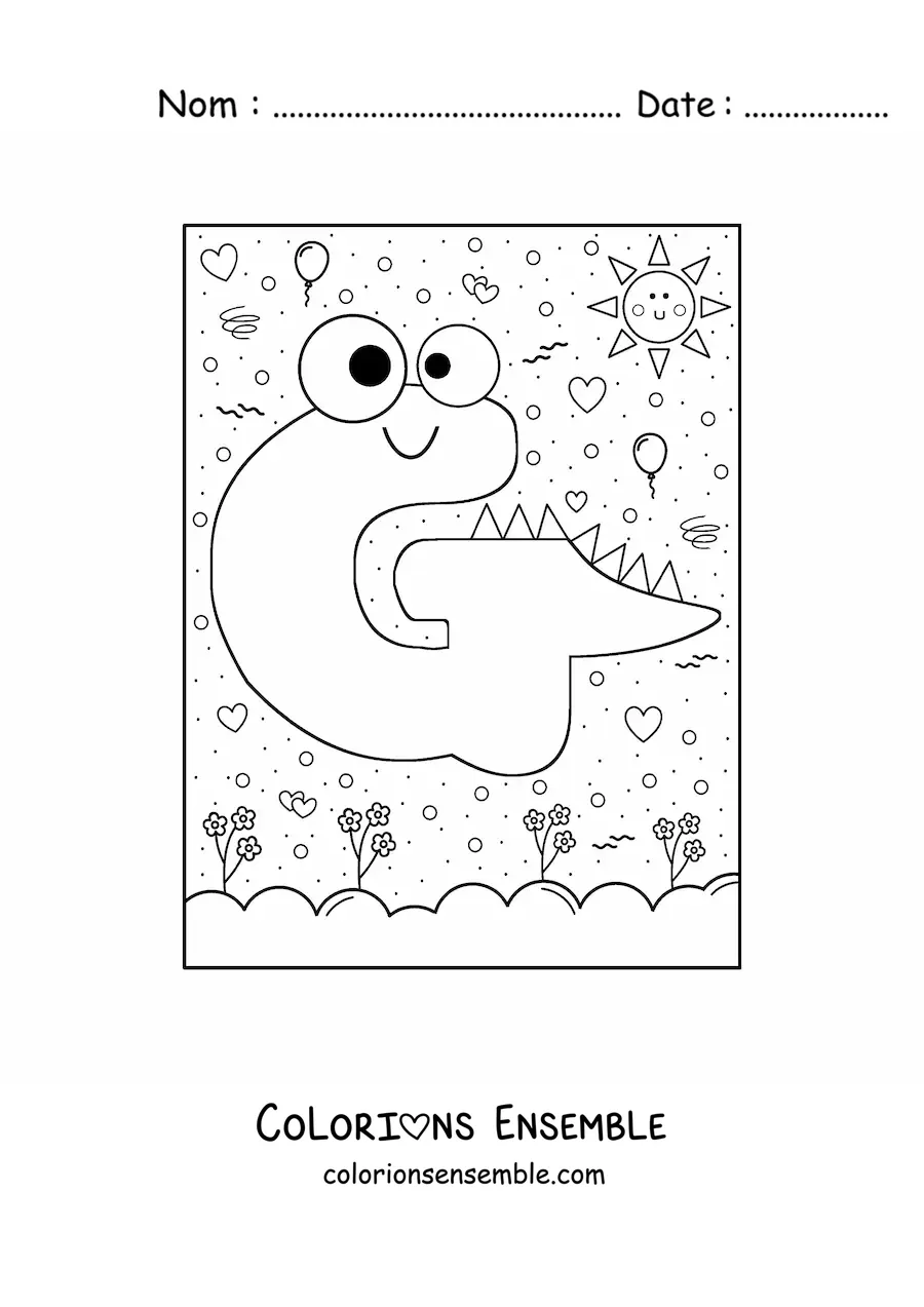 Image à colorier de la lettre G animée en forme de monstre de dessin animé