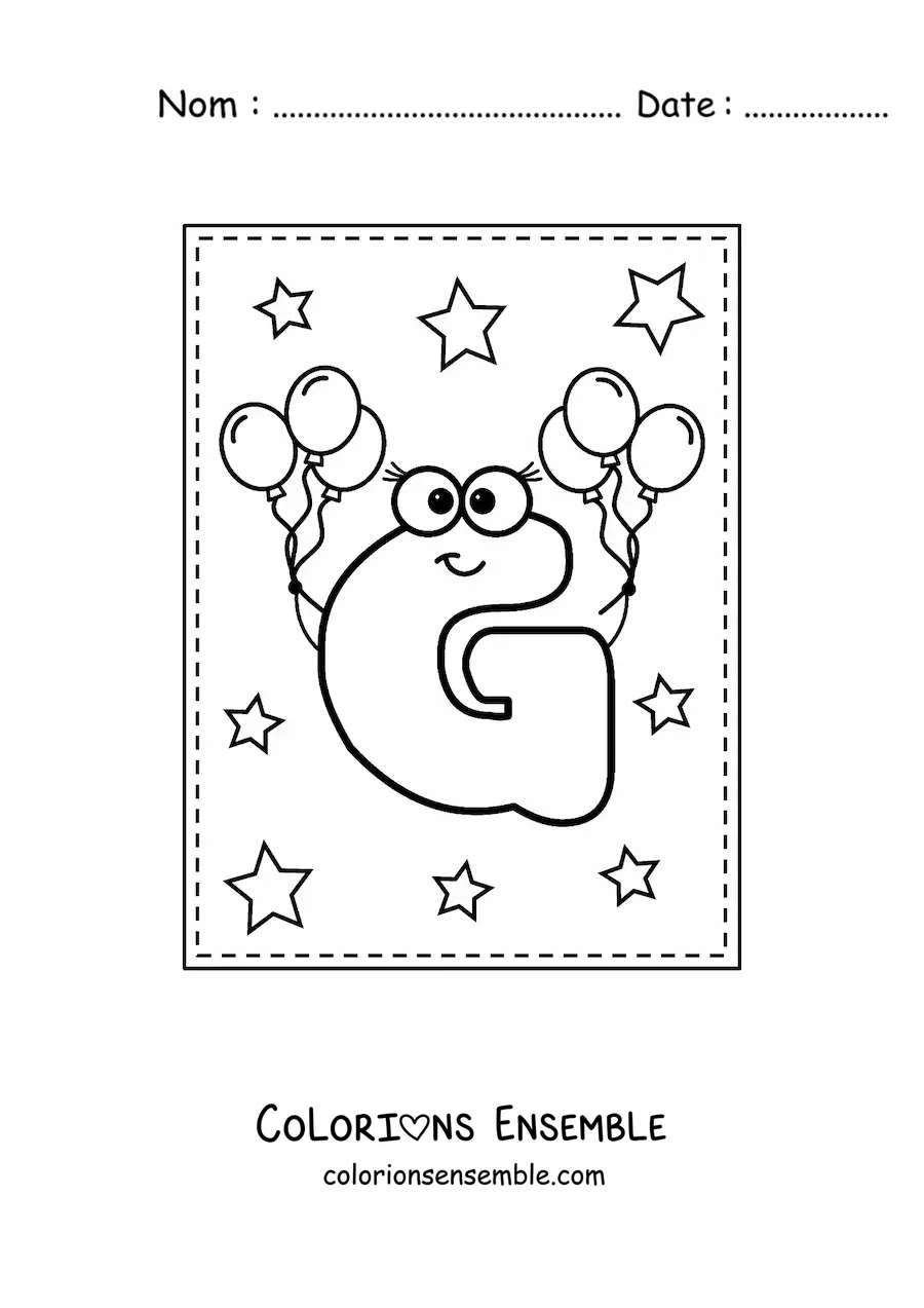 Image à colorier de la lettre G majuscule animée avec des ballons