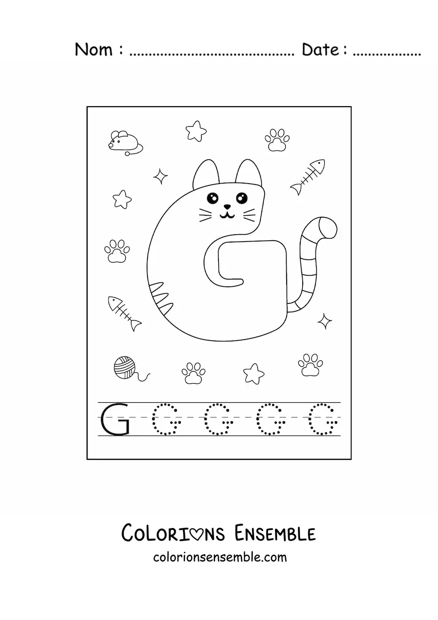 Image à colorier de la lettre G animée en forme de chat