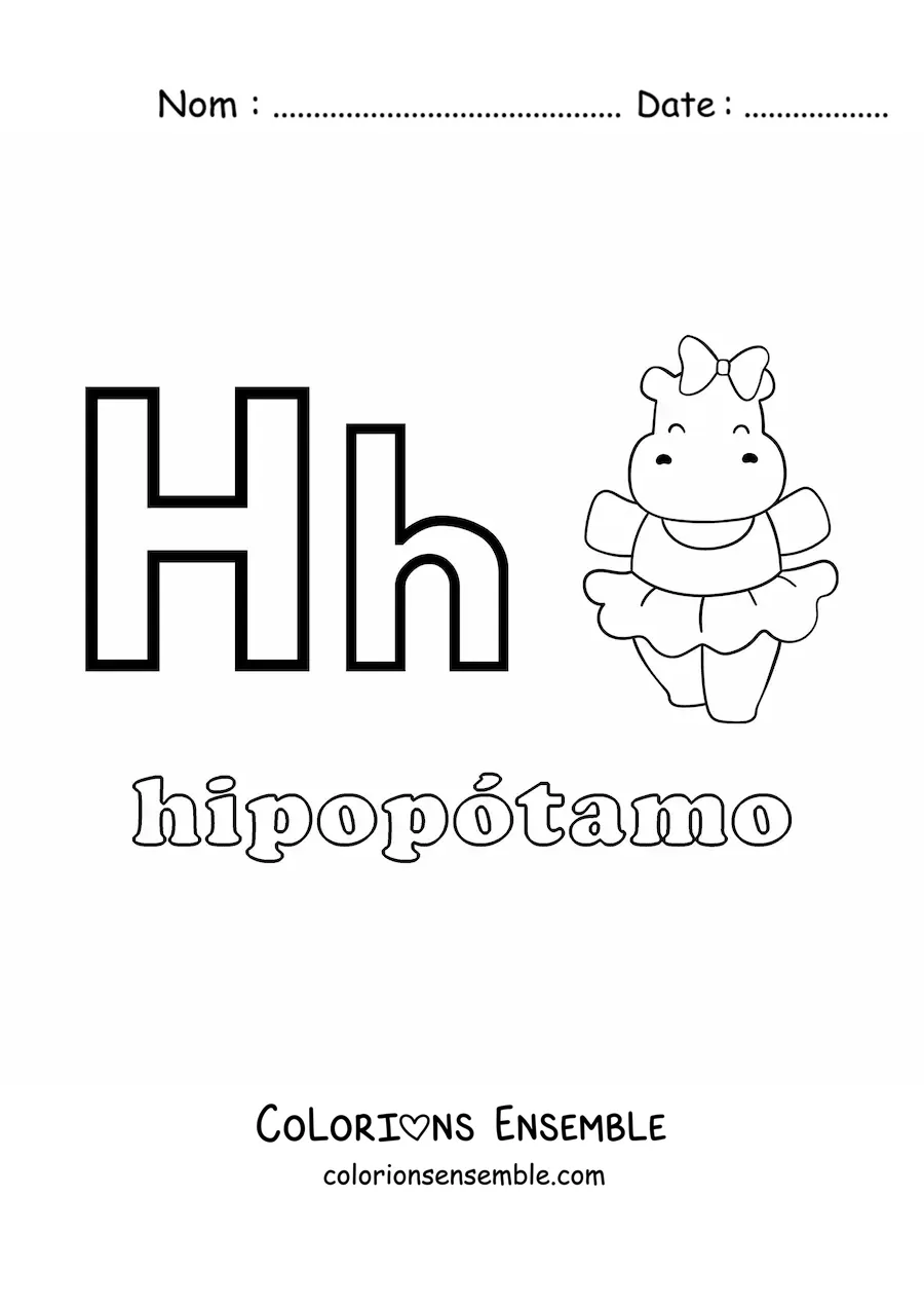 Image à colorier de la lettre H comme hippopotame