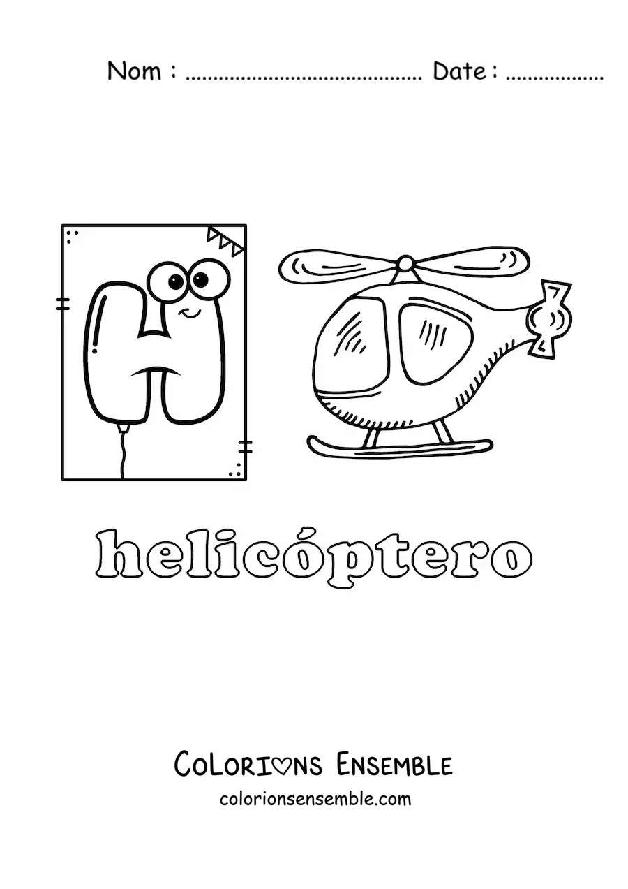 Image à colorier de la lettre H comme hélicoptère