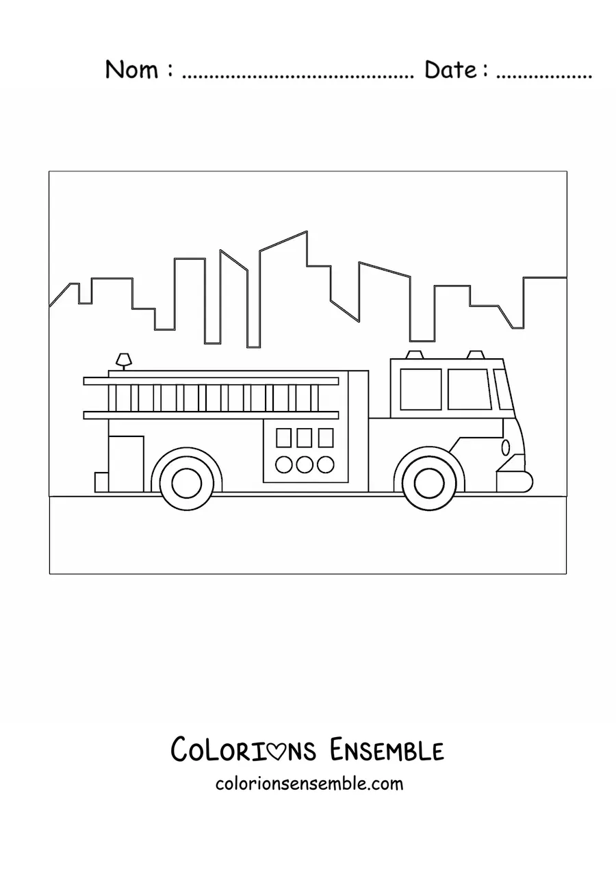 Image à colorier d'un camion de pompiers circulant en ville