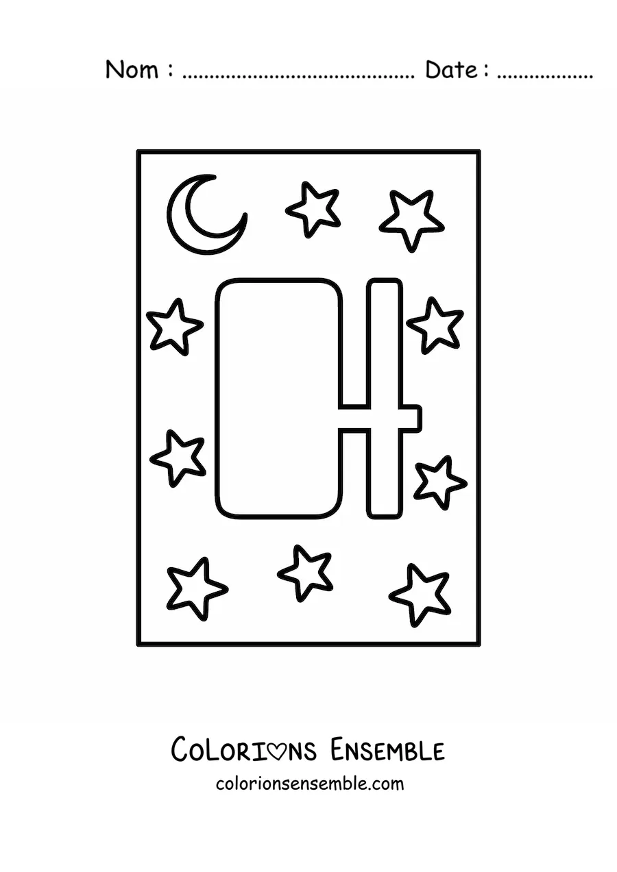 Image à colorier d'une lettre H majuscule avec des étoiles et une lune