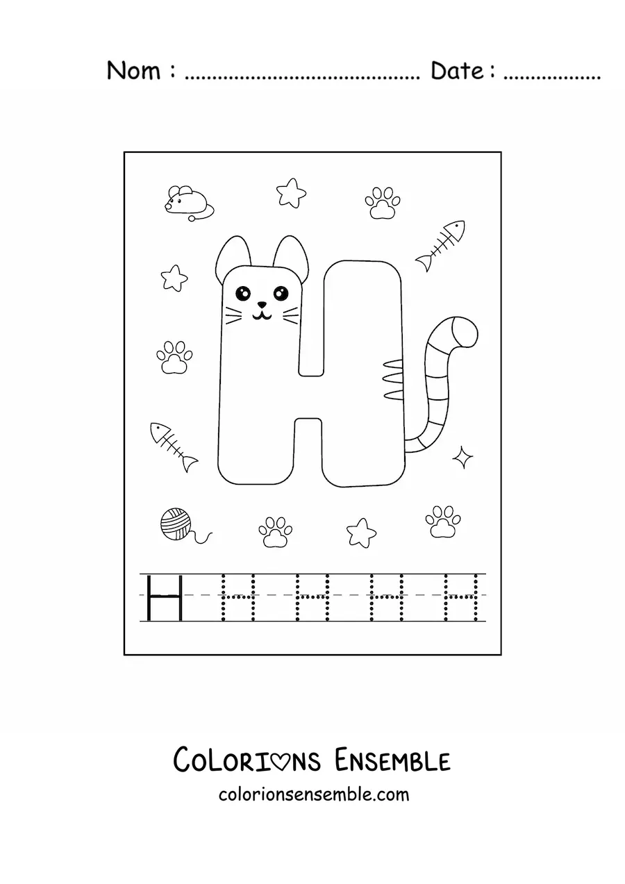 Image à colorier de la lettre H animée en forme de chat