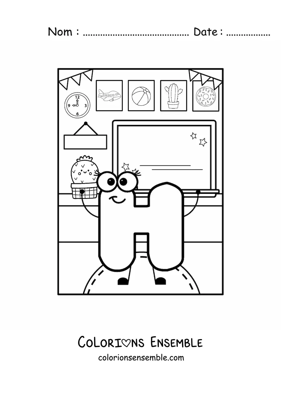 Image à colorier de la lettre H animée à l'école