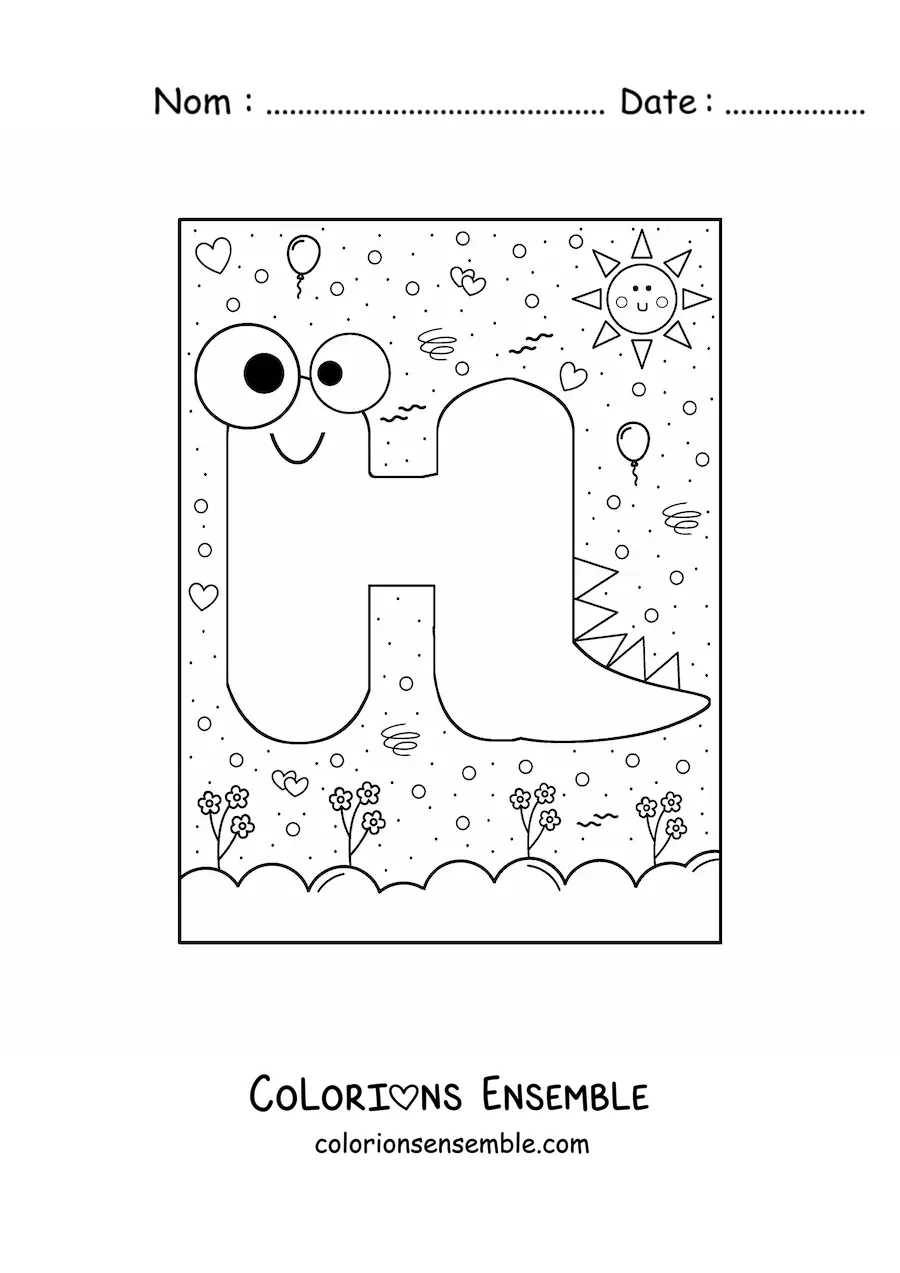 Image à colorier de la lettre H animée en forme de monstre de dessin animé