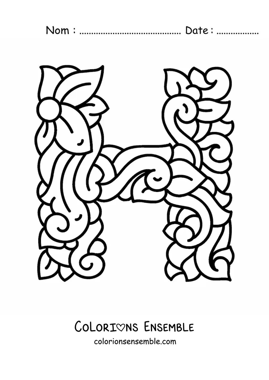 Image à colorier d'une lettre H majuscule décorée