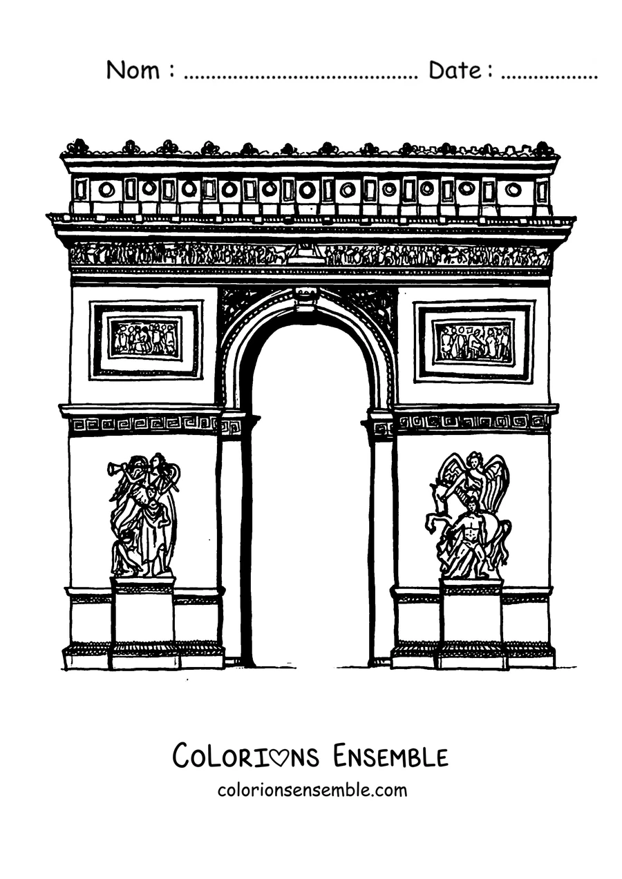 Coloriage de l'Arc de Triomphe avec des colonnes et des jardins sur les côtés