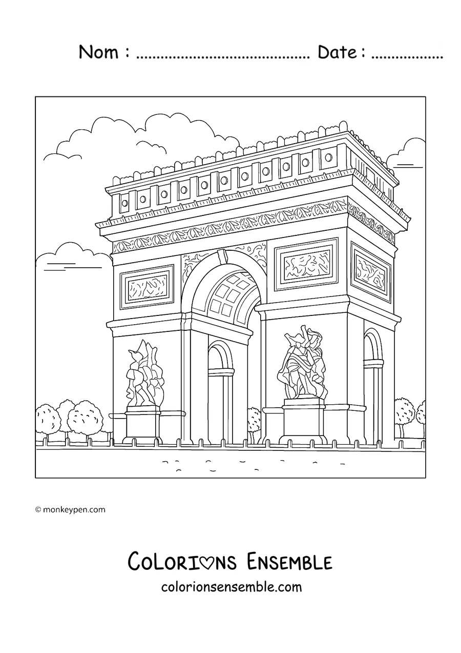 Coloriage de l'Arc de Triomphe en perspective entouré de jardins