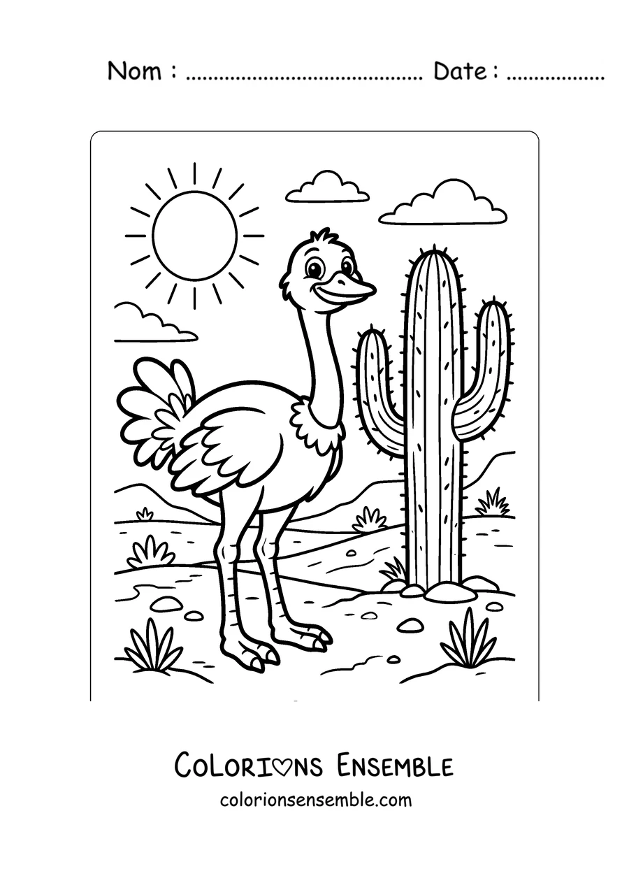 Coloriage d'une autruche à côté d'un cactus dans le désert