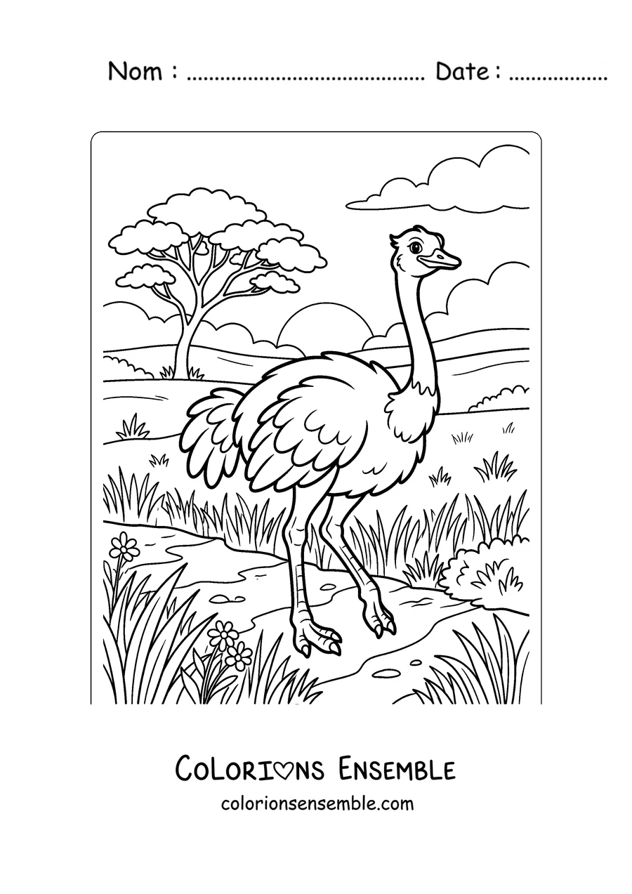 Coloriage d'une autruche dans la savane africaine