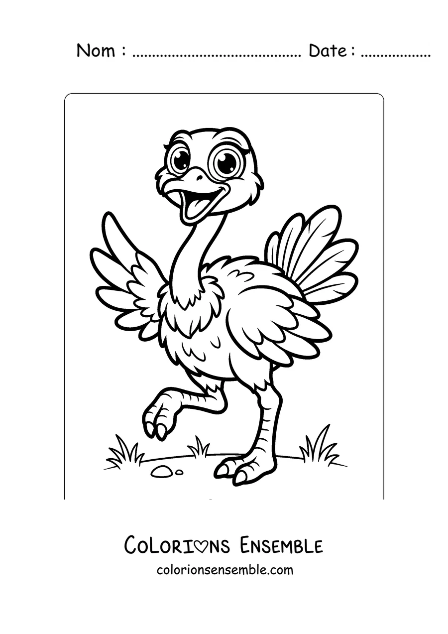 Coloriage d'une autruche de dessin animé aux ailes ouvertes