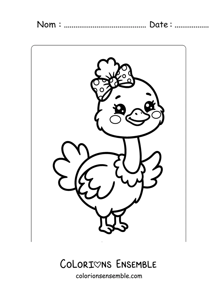 Coloriage d'une autruche kawaii avec un nœud