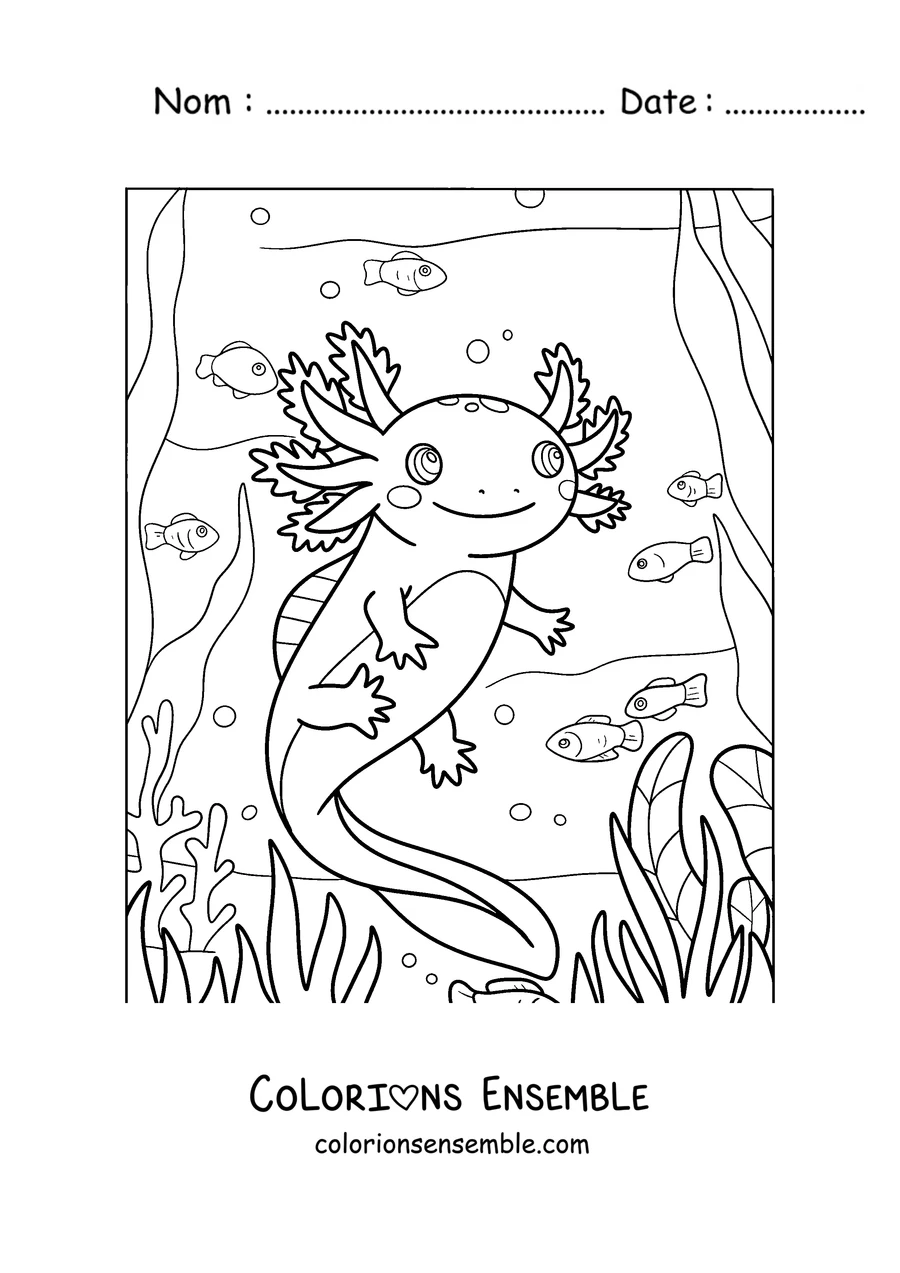 Coloriage d'un axolotl nageant parmi des petits poissons et des plantes