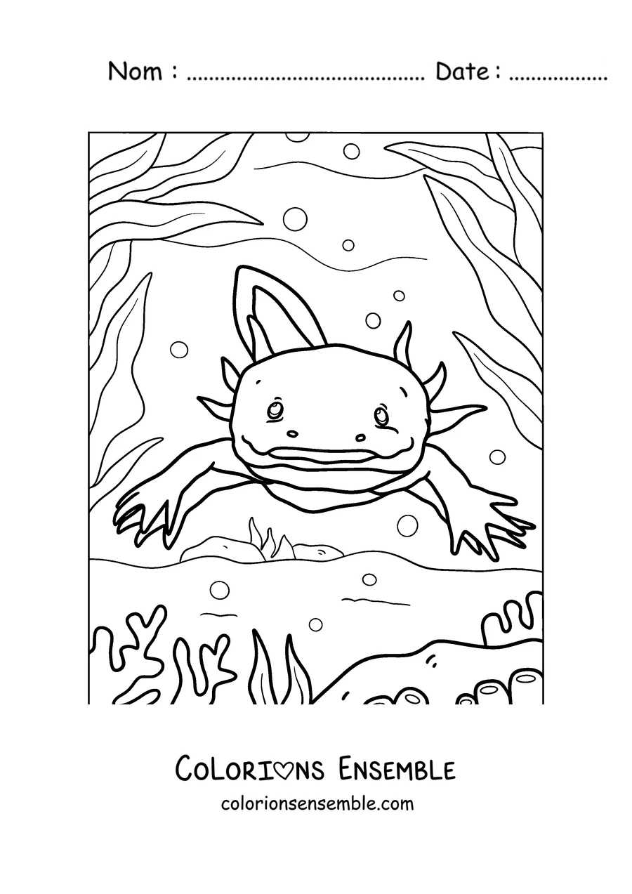 Coloriage d'un axolotl joyeux nageant parmi les algues