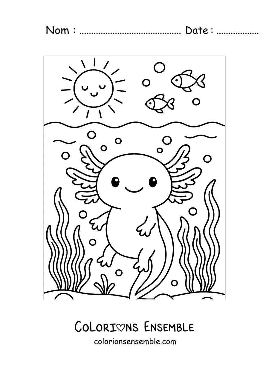 Coloriage d'un axolotl nageant sous un soleil souriant
