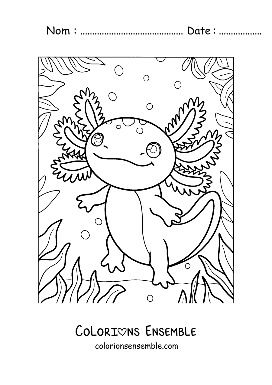 Coloriage d'un axolotl marchant parmi les plantes aquatiques