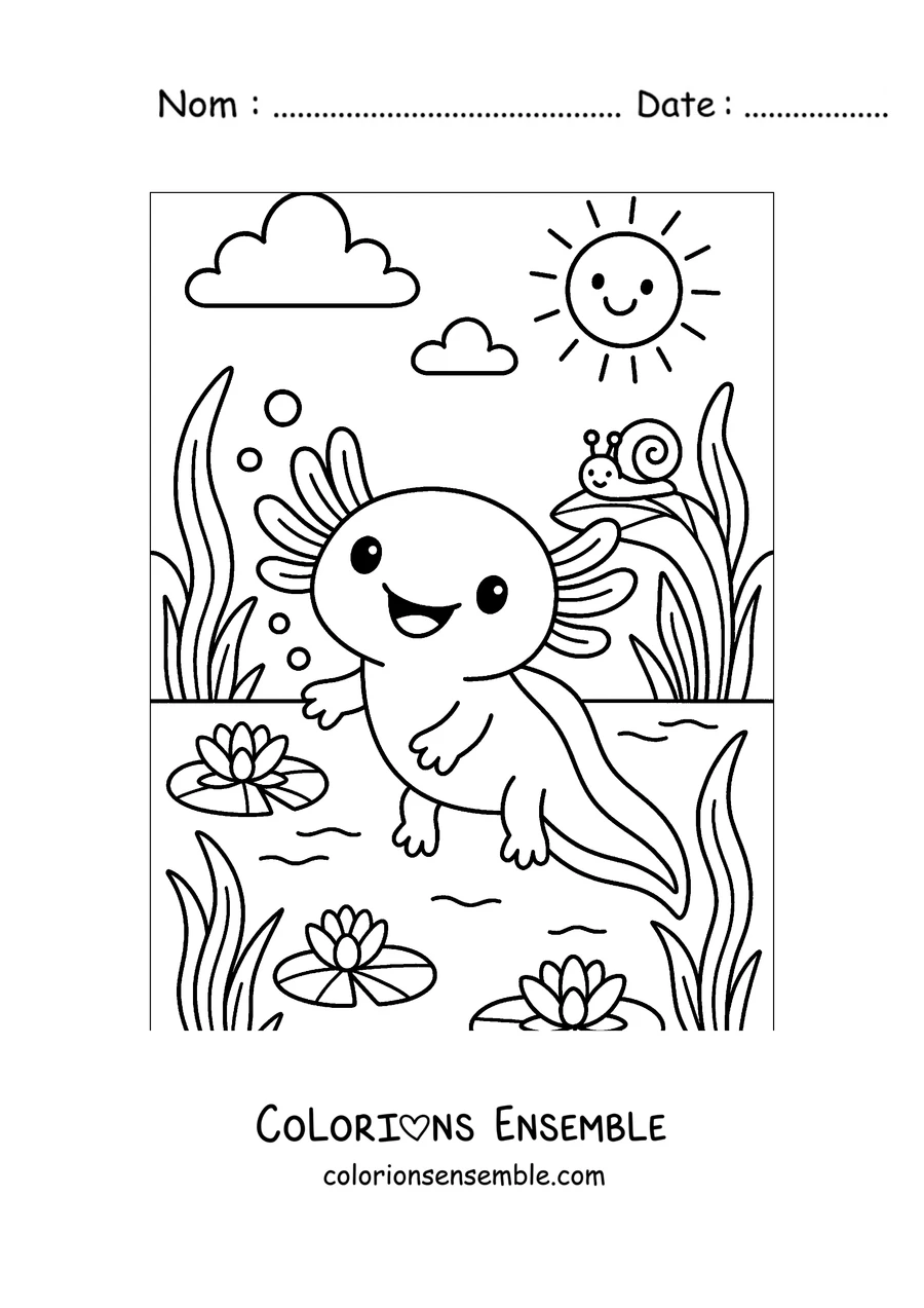 Coloriage d'un axolotl près d'un étang avec un escargot et le soleil