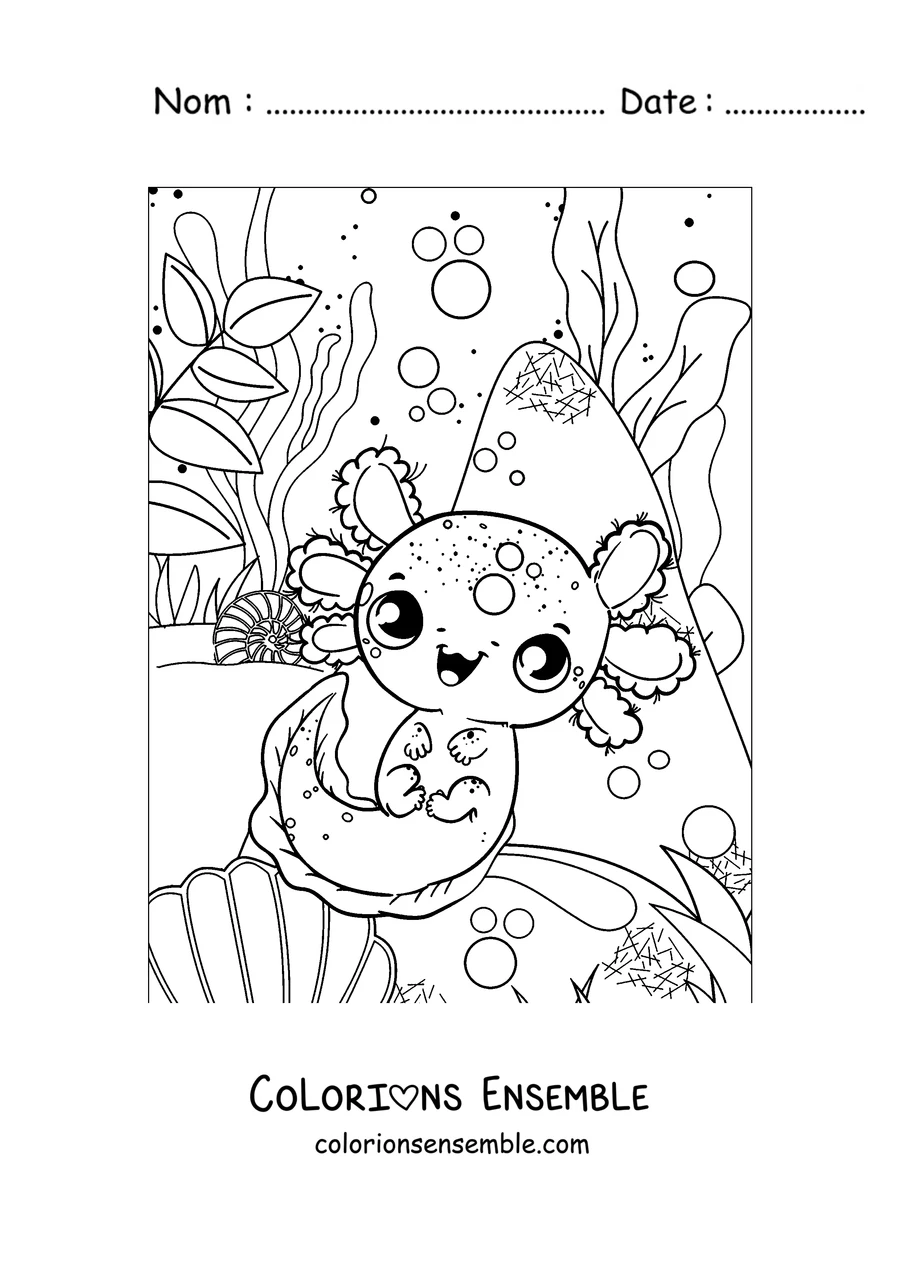 Coloriage d'un axolotl aux grands yeux assis sur un coquillage