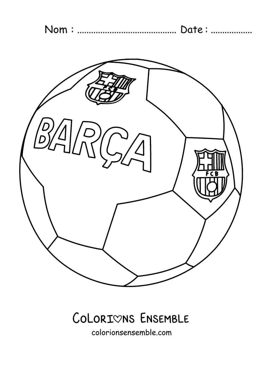 Coloriage d'un ballon de football avec le nom BARÇA et le blason