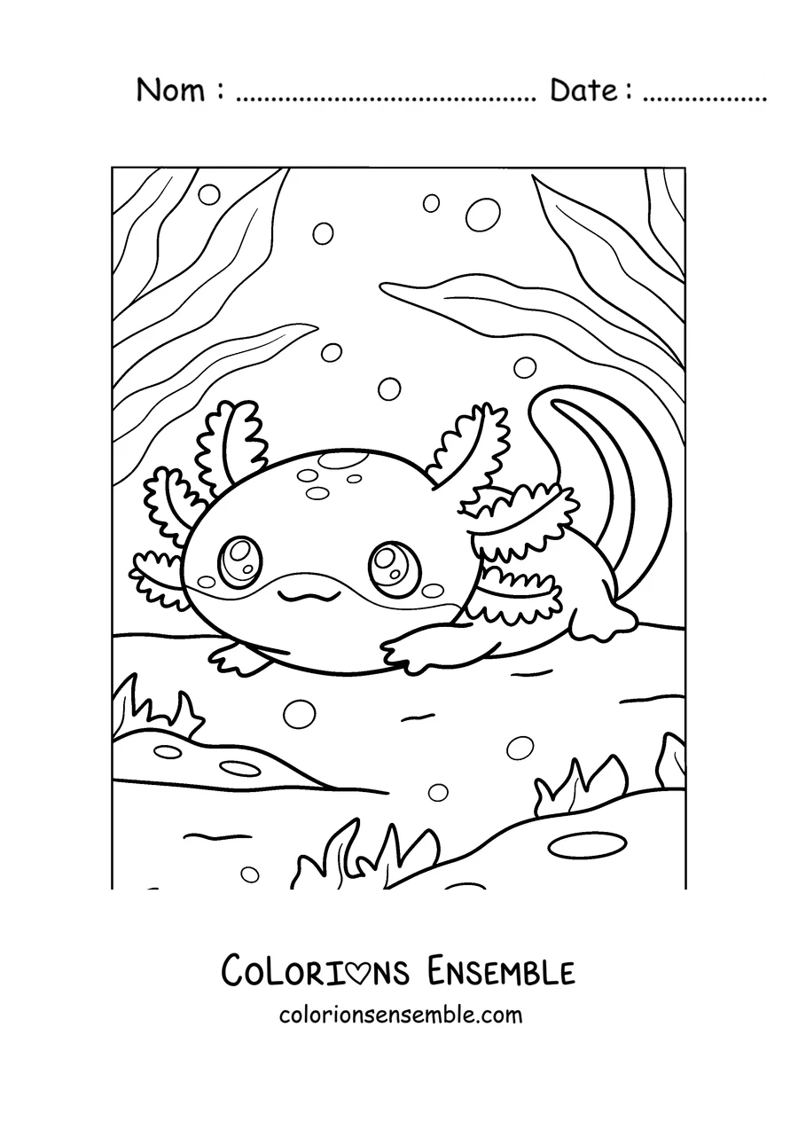 Coloriage d'un bébé axolotl au repos sur le fond