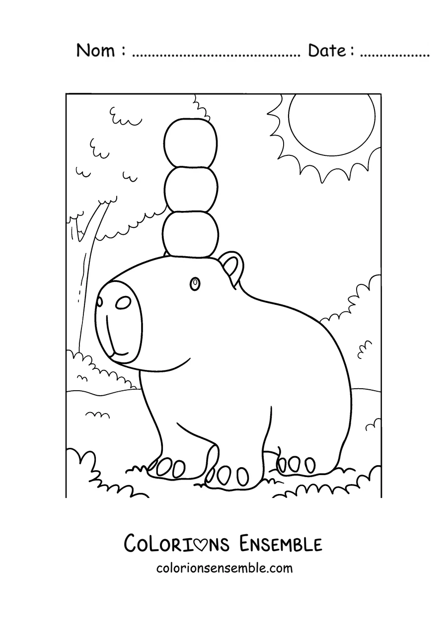 Coloriage d'un bébé capybara avec des pommes sur la tête