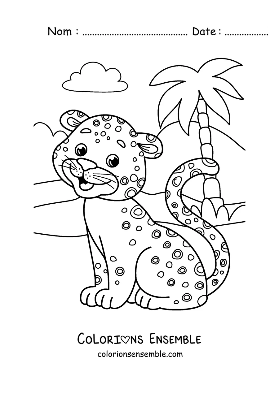 Coloriage d'un bébé guépard à côté d'un palmier