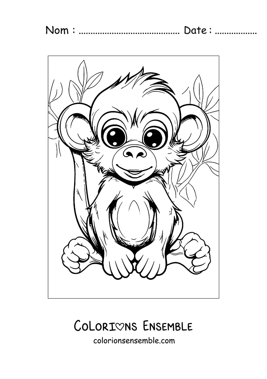 Coloriage d'un bébé singe assis parmi les feuilles