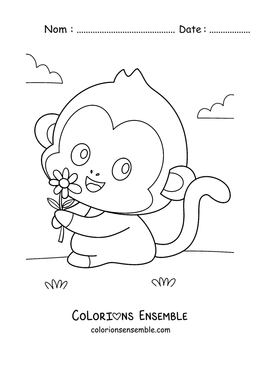 Coloriage d'un bébé singe qui tient une fleur