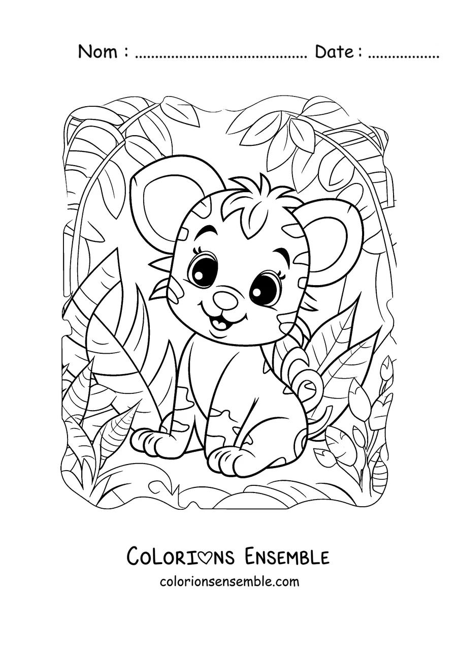 Coloriage d'un bébé tigre souriant assis dans la jungle