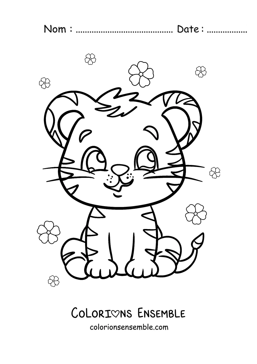 Coloriage d'un bébé tigre assis parmi les fleurs