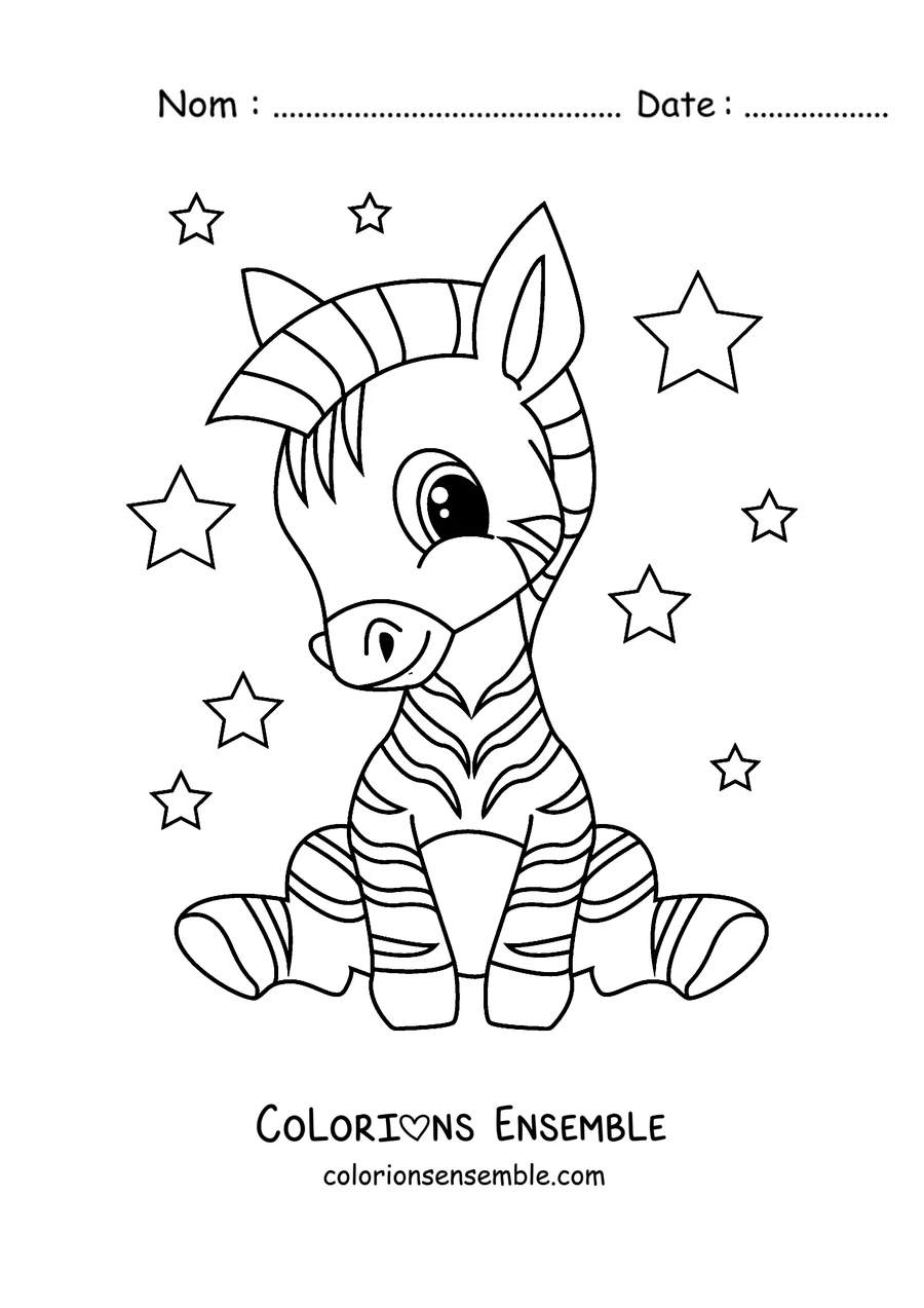 Coloriage d'un bébé zèbre assis parmi les étoiles