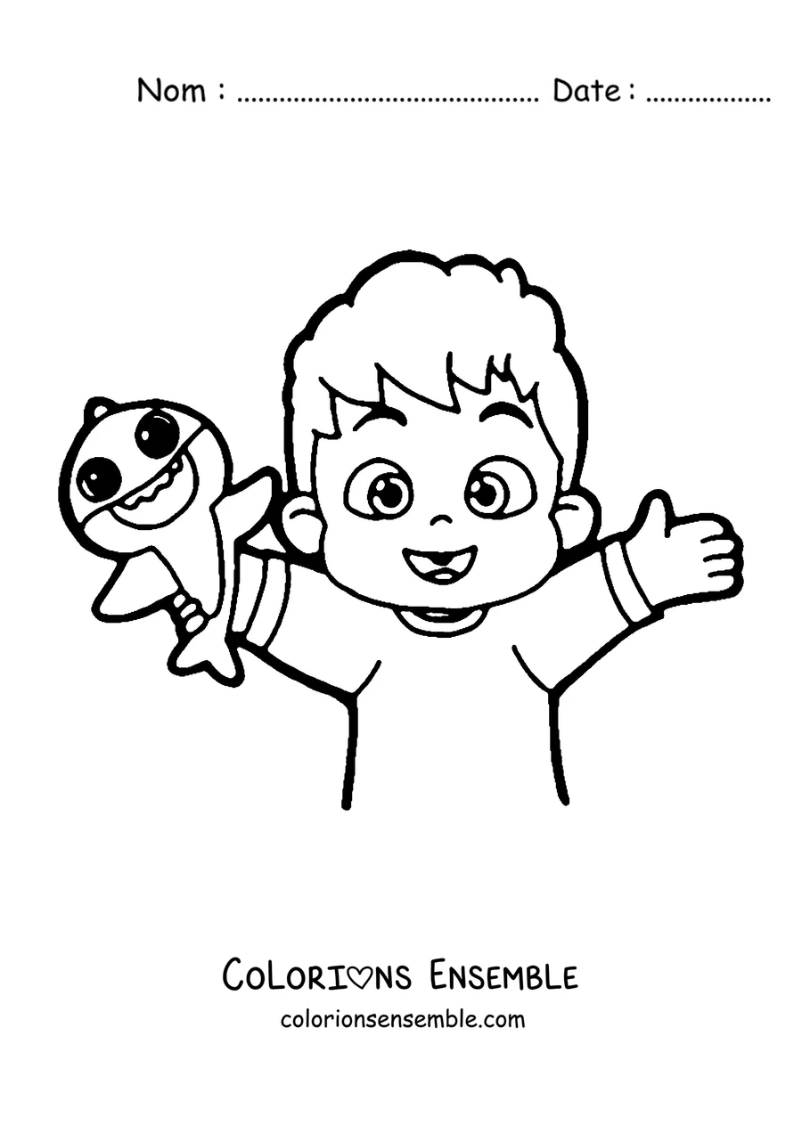Coloriage de Bebefinn qui salue avec un bébé requin en peluche