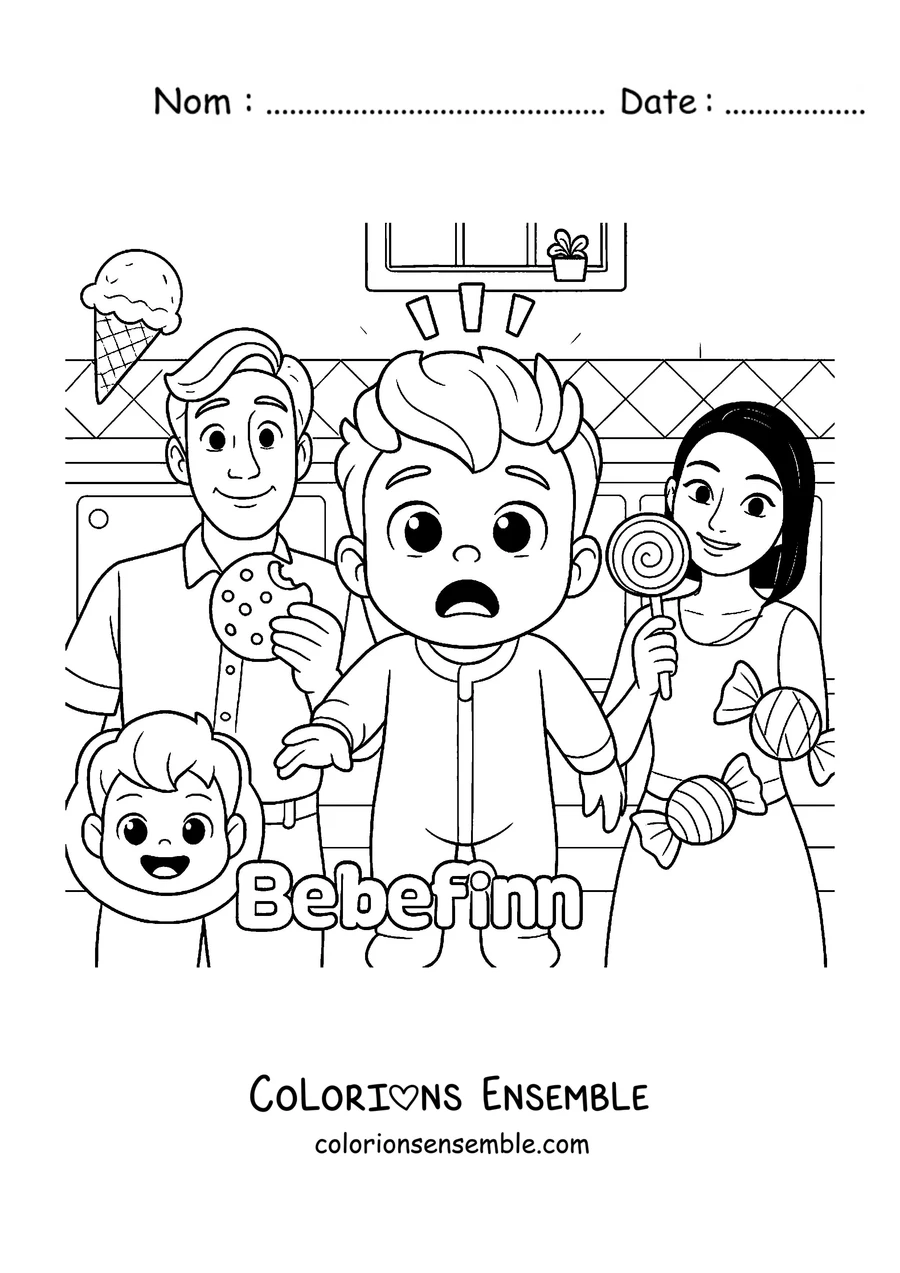 Coloriage de Bebefinn et sa famille avec des glaces et des friandises