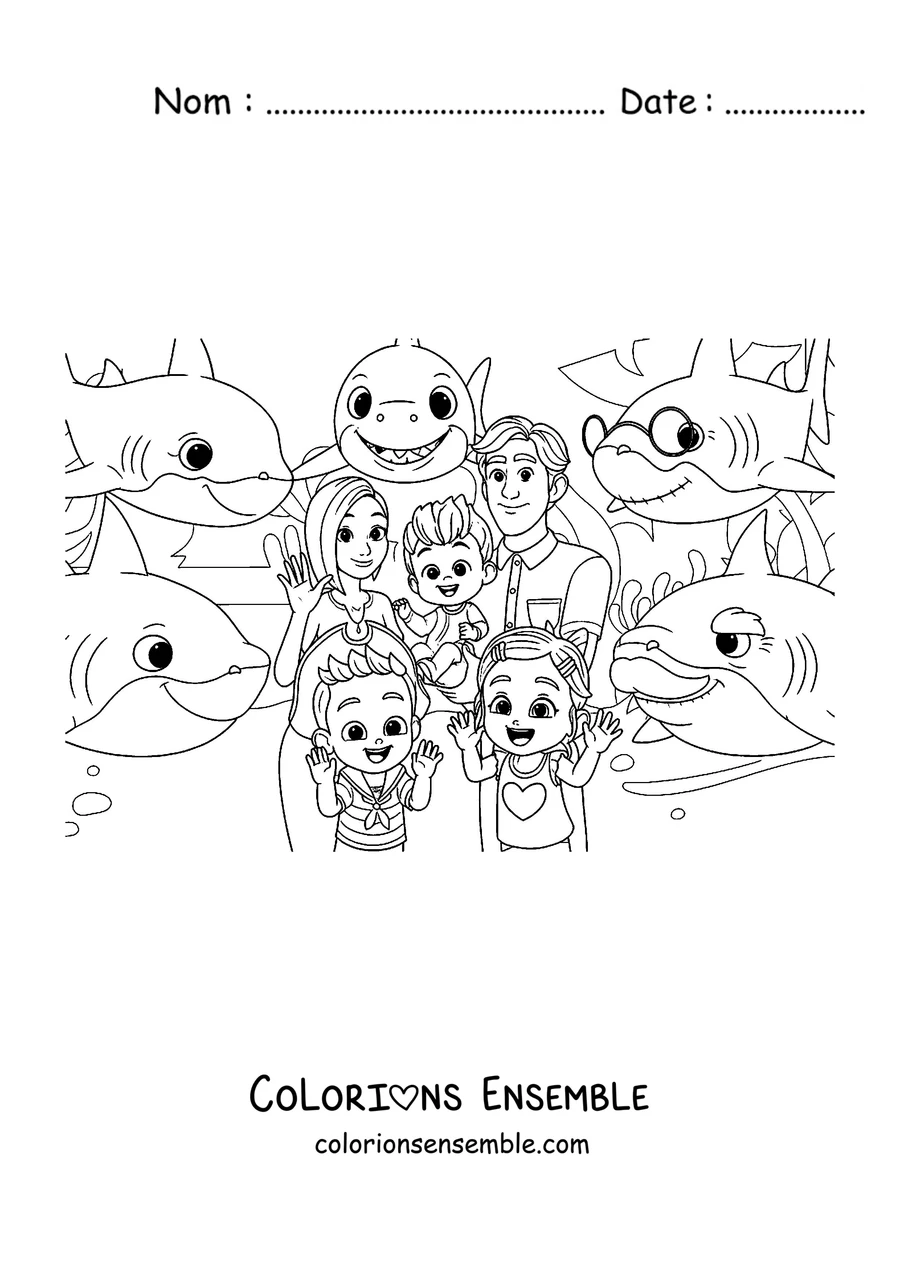 Coloriage de la famille de Bebefinn entourée de la famille de requins