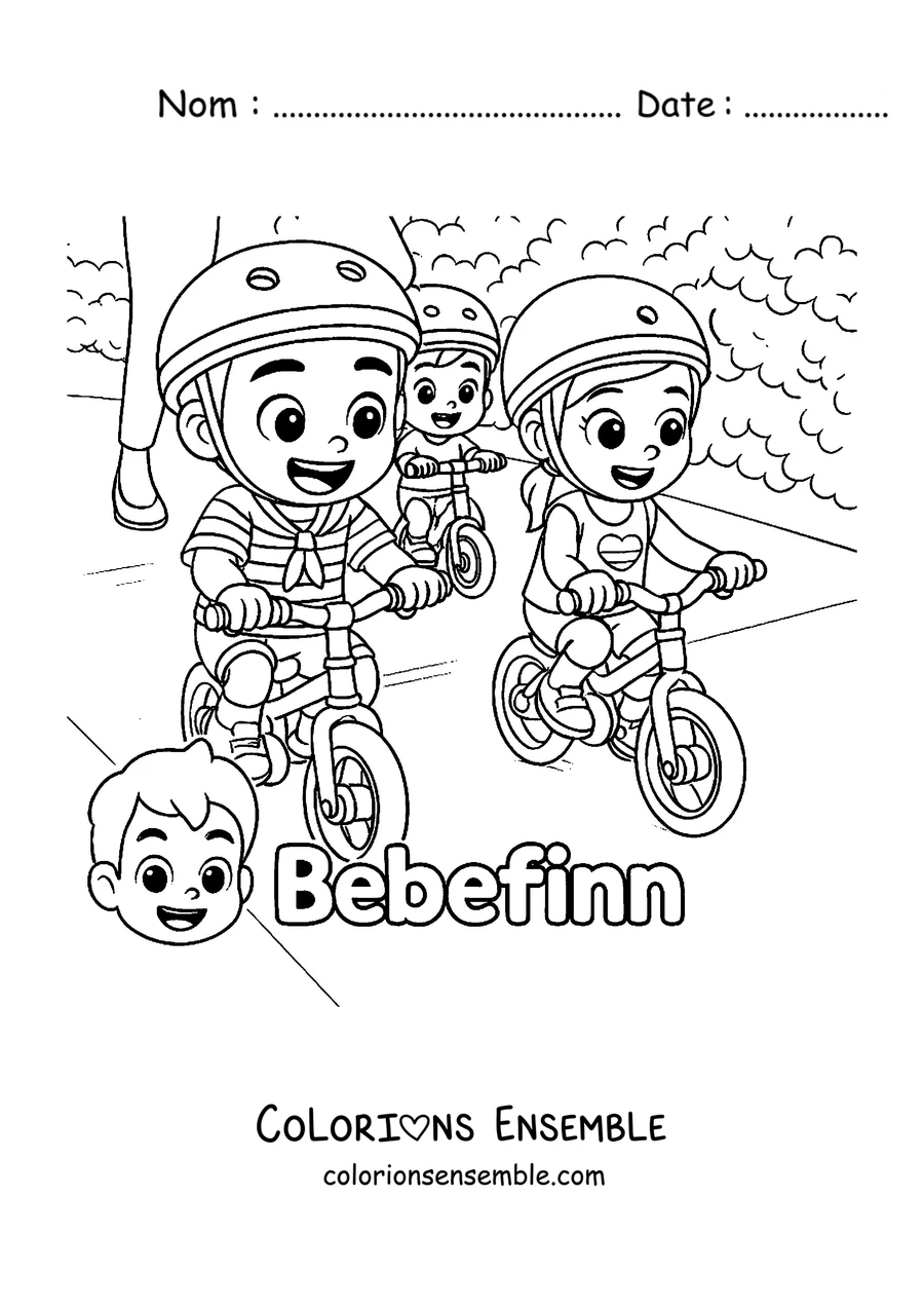 Coloriage de la famille de Bebefinn qui se promène à vélo
