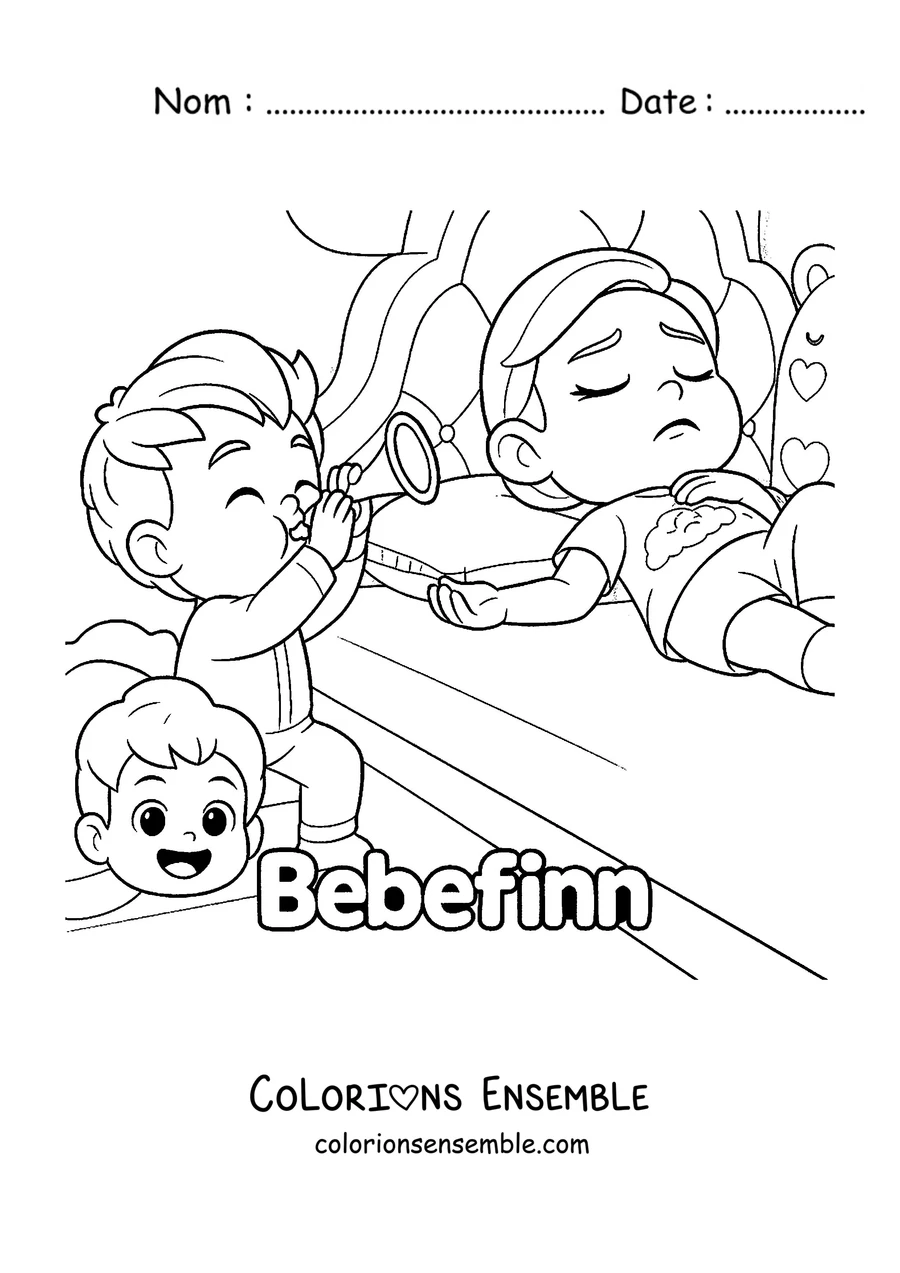 Coloriage des aînés de Bebefinn jouant avec une loupe pendant que Finn les regarde