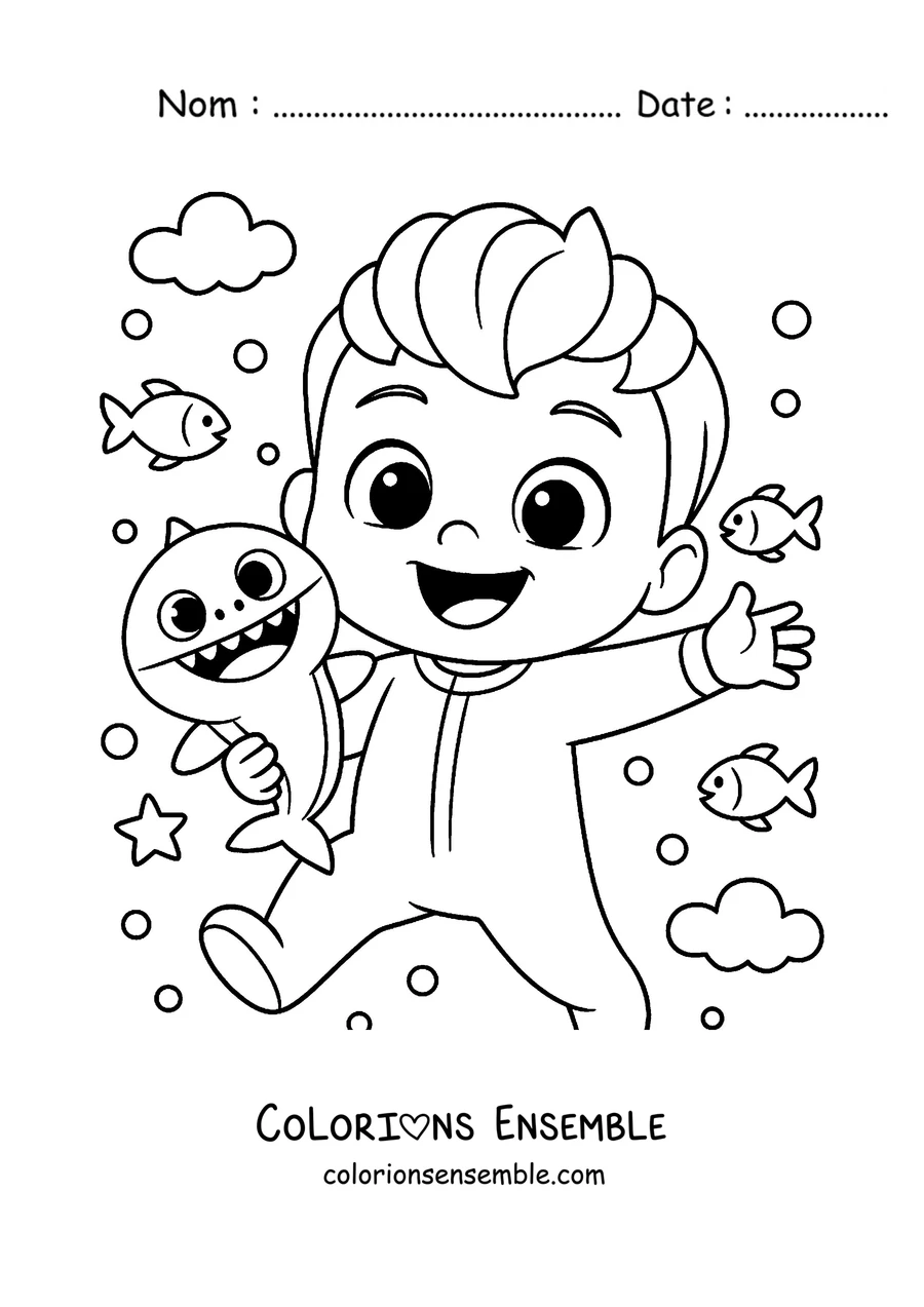 Coloriage de Bebefinn qui nage parmi les poissons et un bébé requin