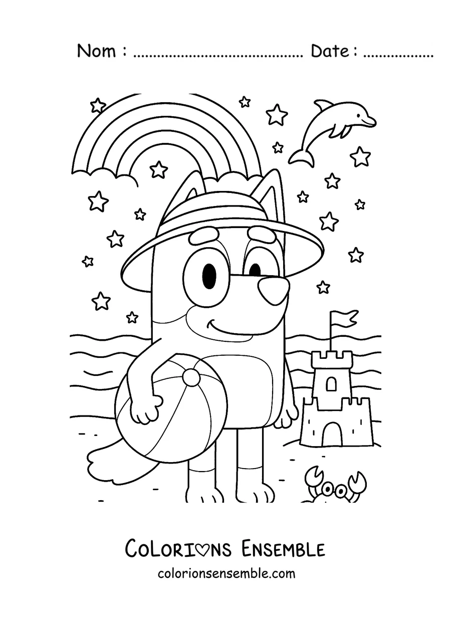 Coloriage de Bluey à la plage avec un ballon
