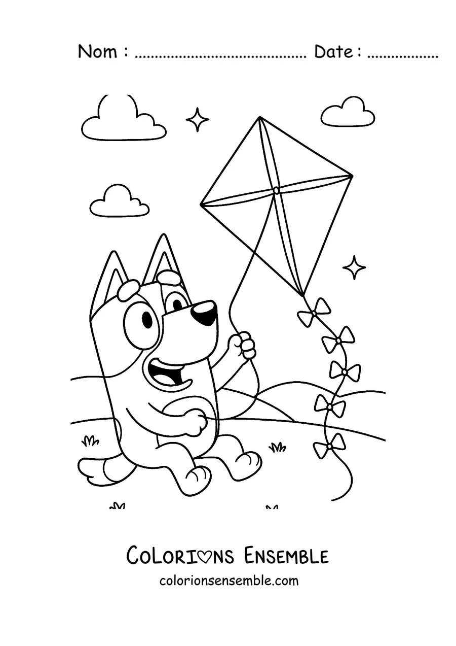 Coloriage de Bluey qui fait voler un cerf-volant