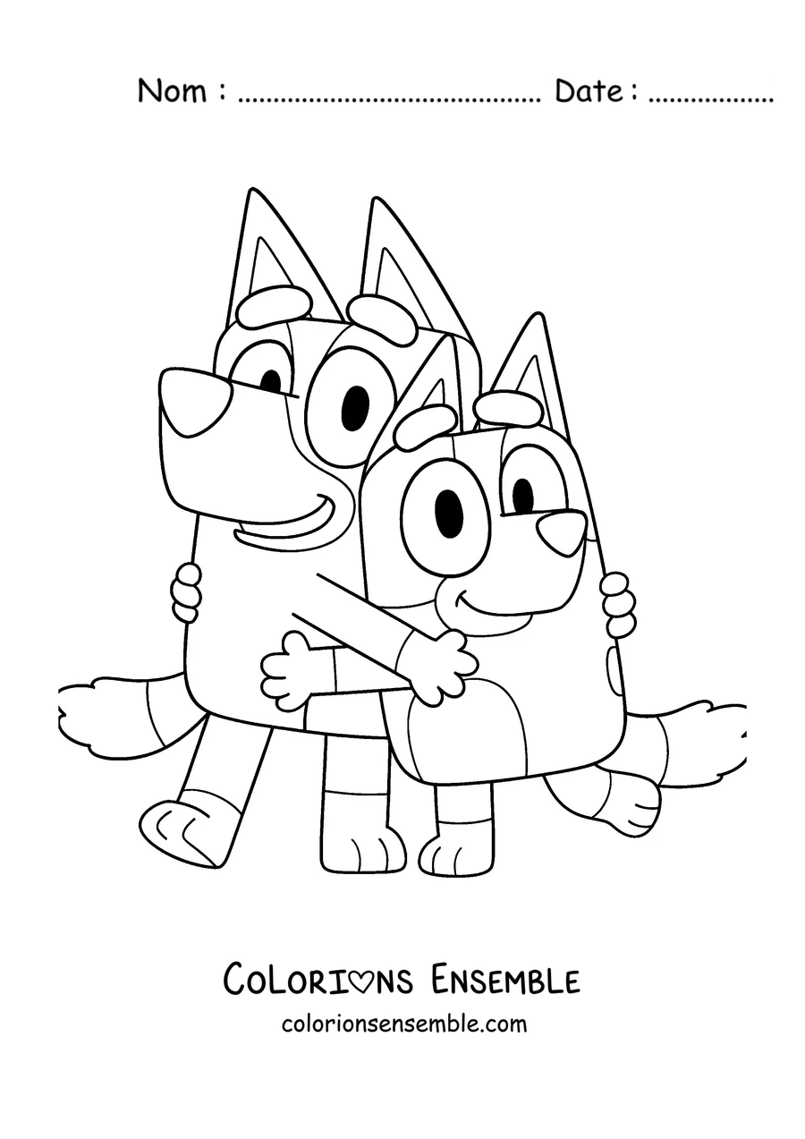 Coloriage de Bluey et Bingo qui se font un câlin
