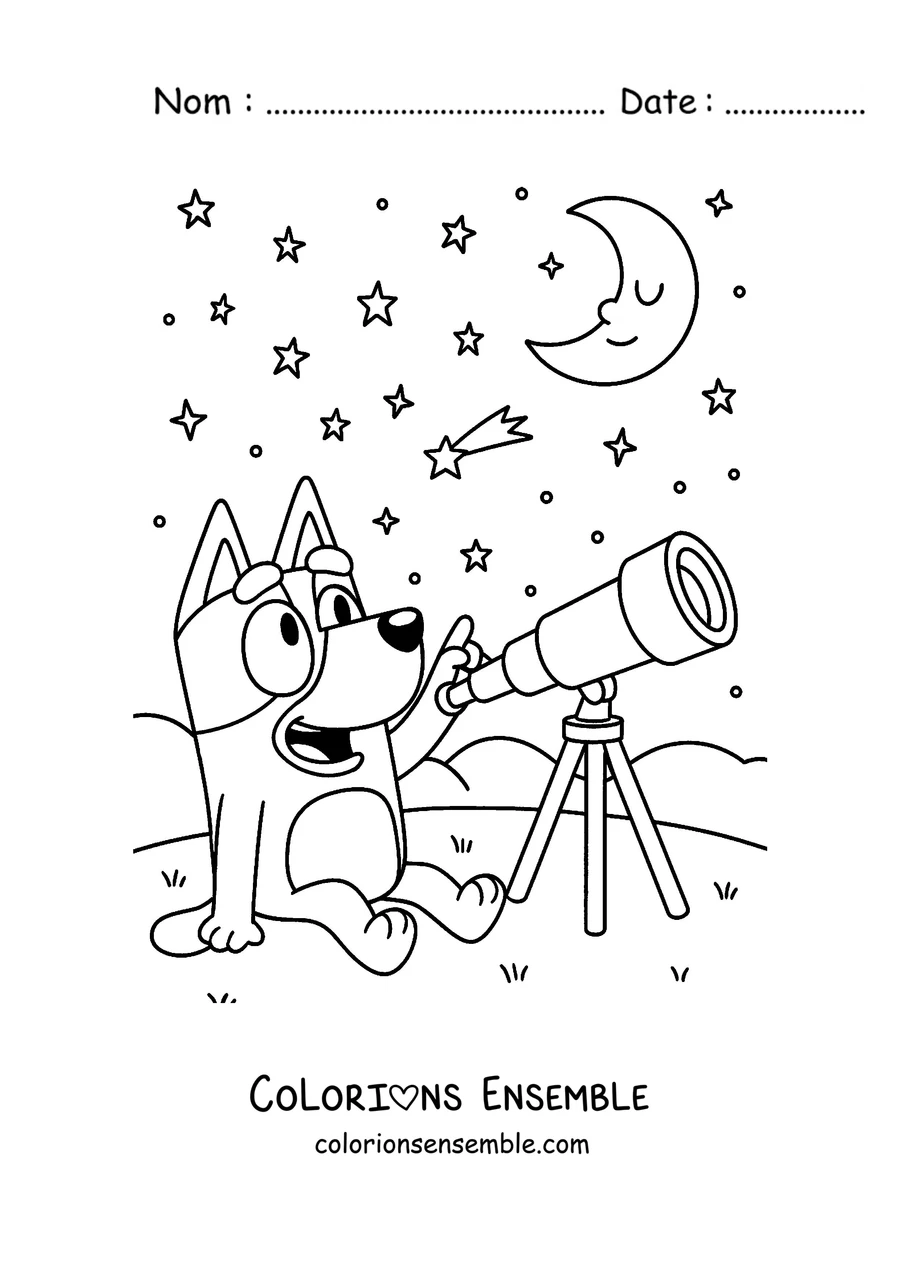 Coloriage de Bluey qui observe le ciel avec un télescope