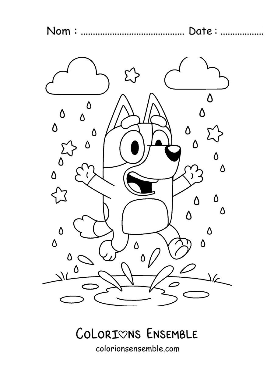 Coloriage de Bluey qui saute dans une flaque sous la pluie