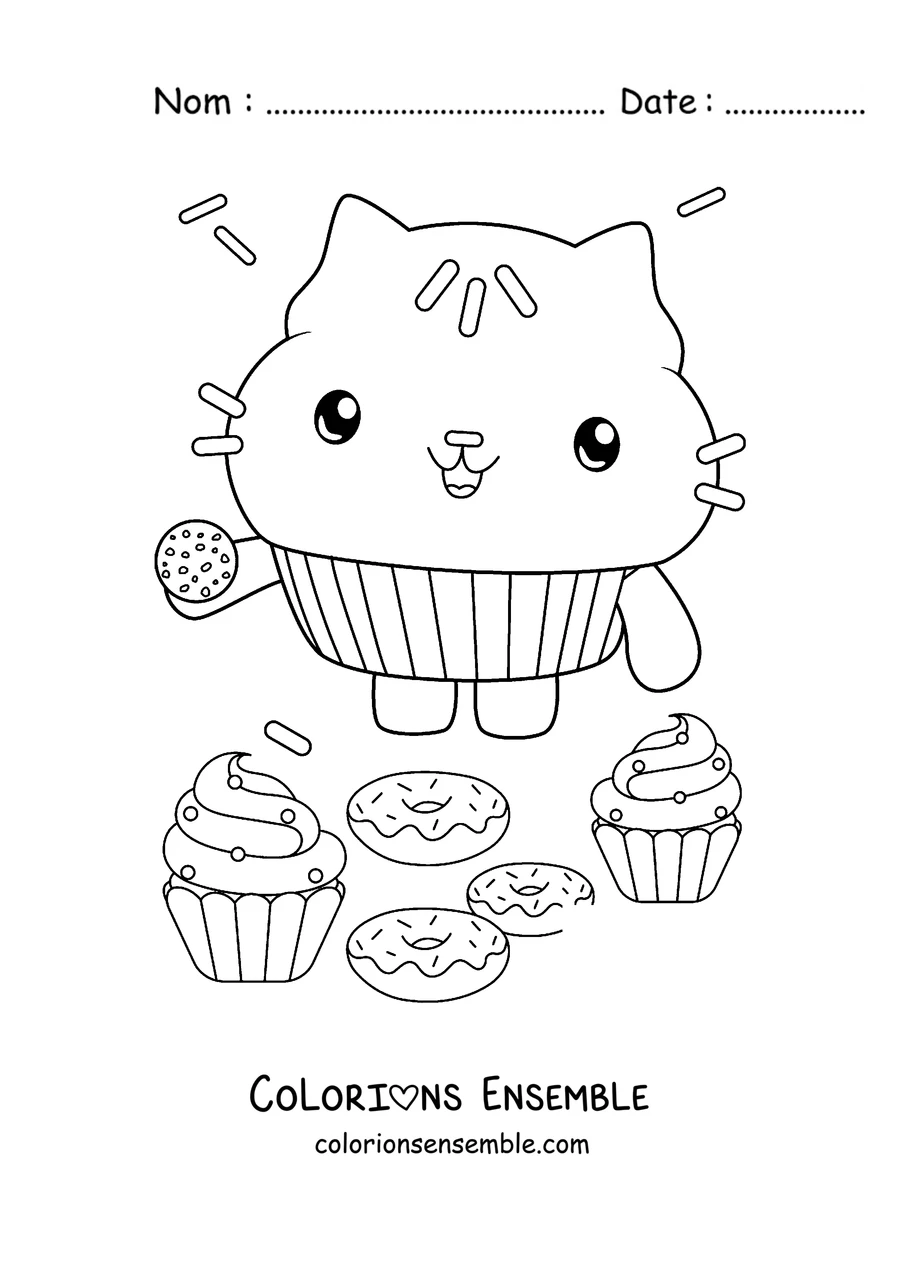 Coloriage de Cakey, le chat cupcake, avec des cupcakes et des donuts