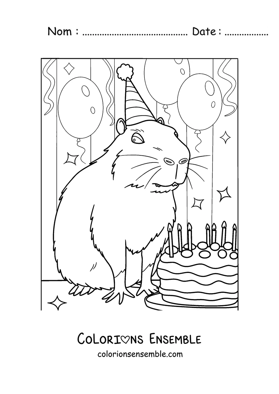 Coloriage d'un capybara qui souffle les bougies de son gâteau d'anniversaire