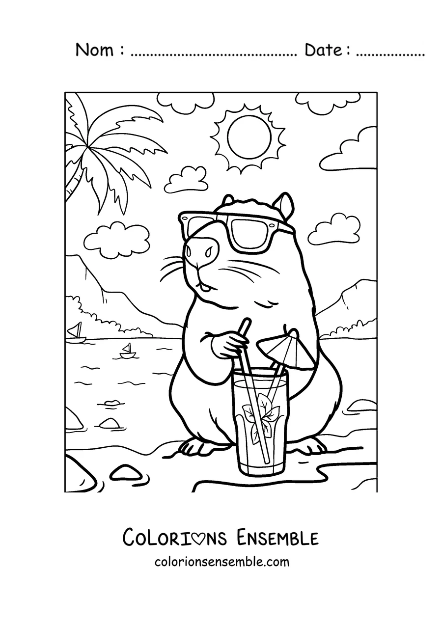 Coloriage d'un capybara avec des lunettes de soleil qui boit de la limonade