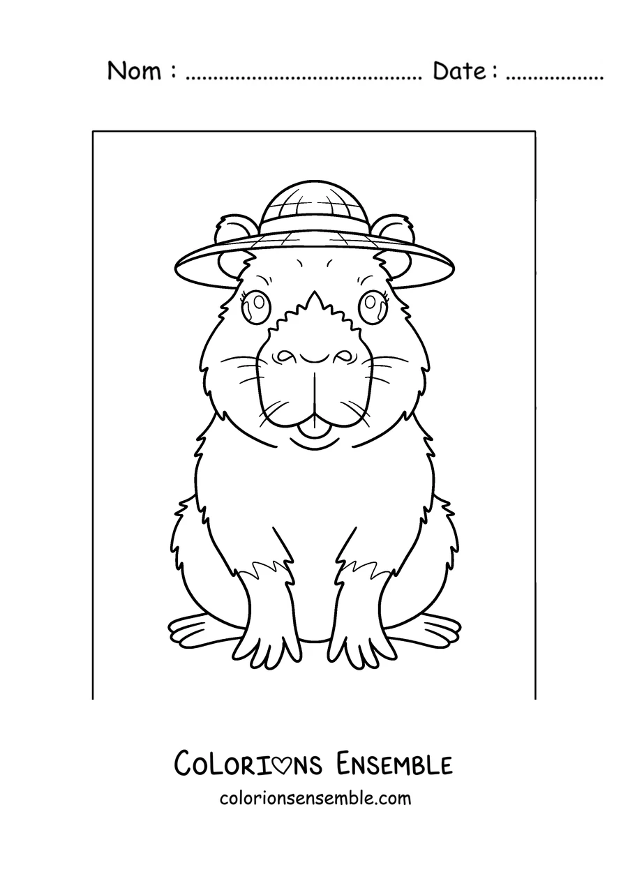 Coloriage d'un capybara avec un chapeau d'explorateur