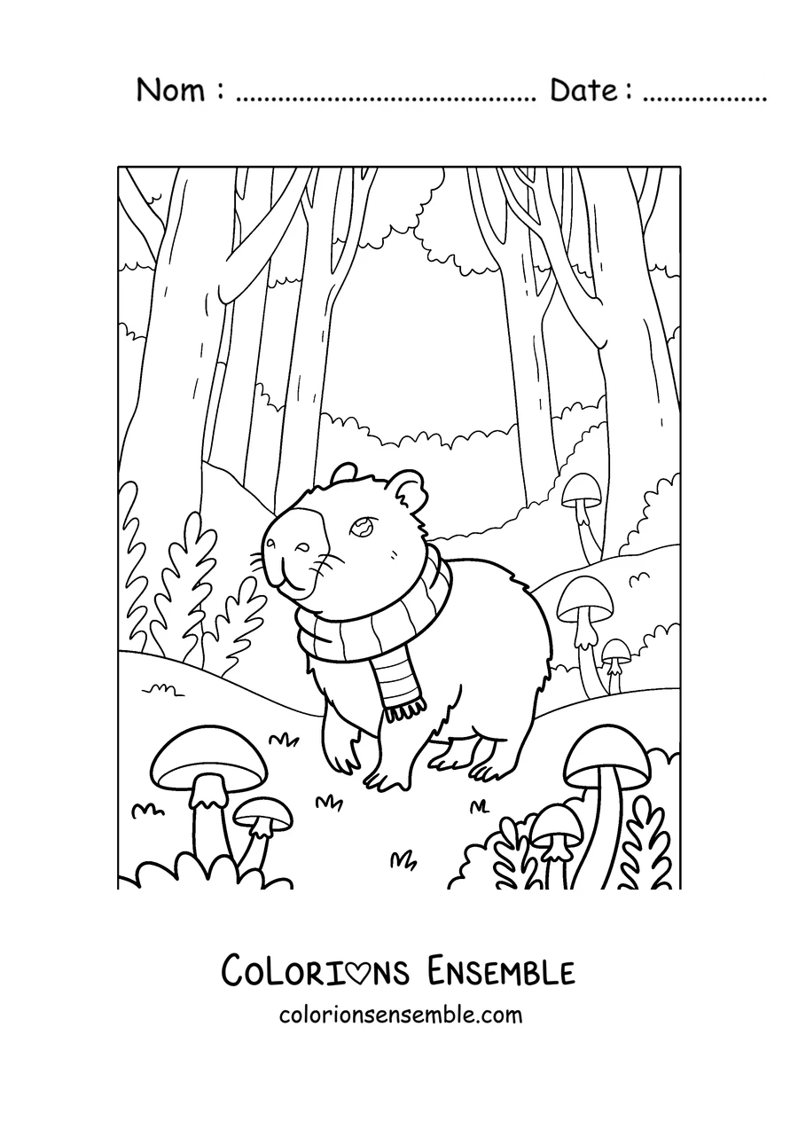 Coloriage d'un capybara avec une écharpe se promenant dans la forêt d'automne